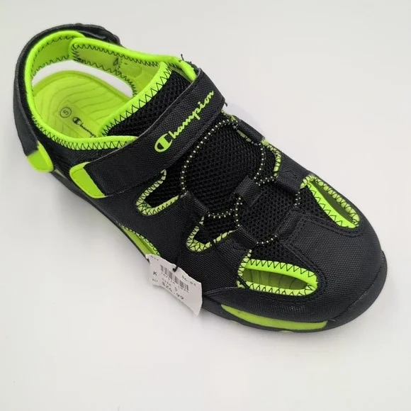 Champion Boys Kids Sandals Shoes Black/Neon Green Strap Closed Toe Size 5 Youth - Picture 12 of 16